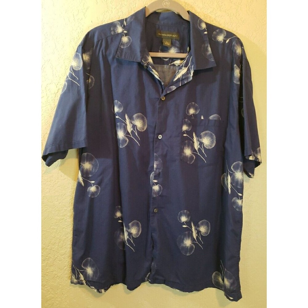Banana Republic Mens Hawaiian Button Down Shirt Short Sleeve XL 100% Cotton Blue